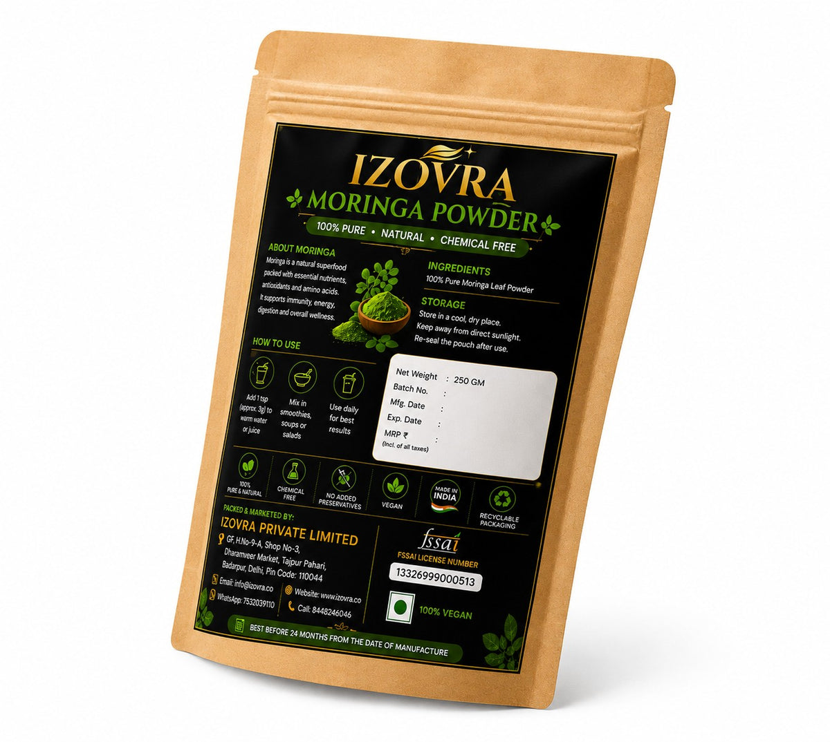 IZOVRA Moringa Leaf Powder 250g | 100% Pure | Premium Quality