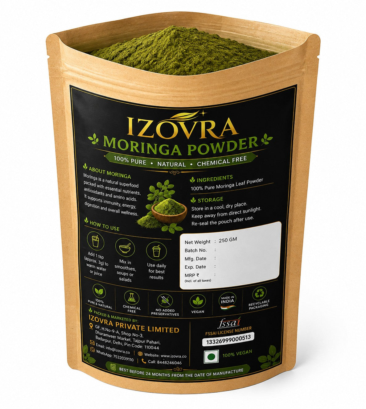 IZOVRA Moringa Leaf Powder 250g | 100% Pure | Premium Quality