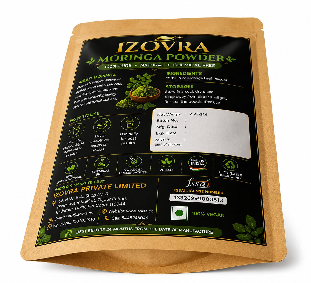IZOVRA Moringa Leaf Powder 250g | 100% Pure | Premium Quality